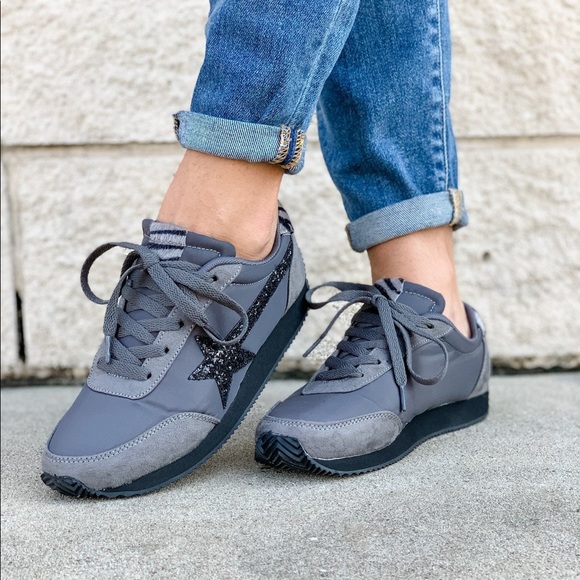 Vintage Grey Sequin Star & Zebra Stripe Sneakers - Picture 6 of 8